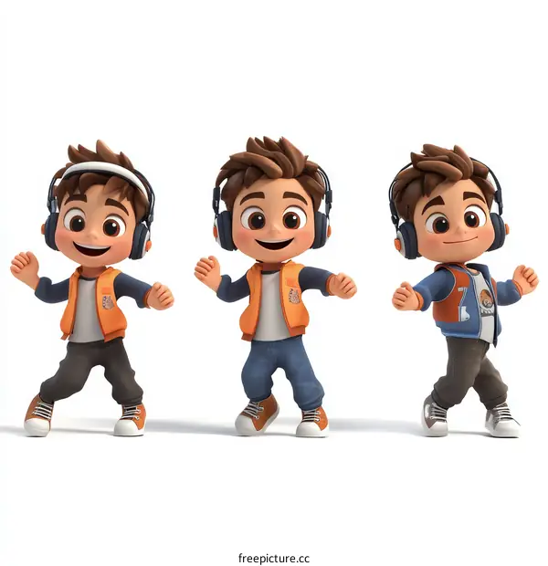 Three Cartoon Boys Dancing with Headphones