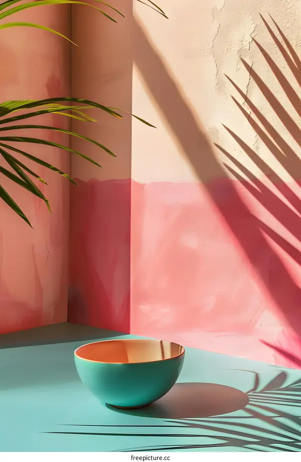 Teal Bowl on Turquoise Surface with Palm Leaves Shadows