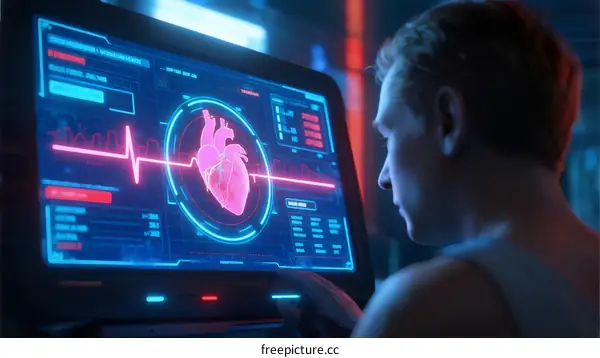 Man analyzing heart health data on high-tech medical screen
