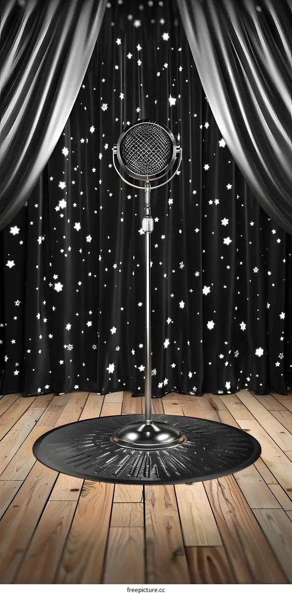 Vintage Microphone on Stage with Black Curtains and Stars
