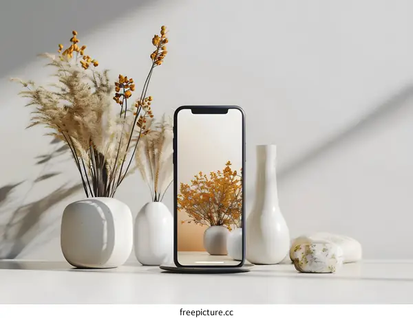 Modern Minimalist Phone Mockup With Dried Flowers