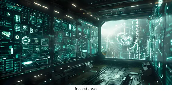 Futuristic Interior With Green Digital Interface Screens