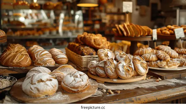 Loaf of bread and bread rolls on a wooden table in a bakery
