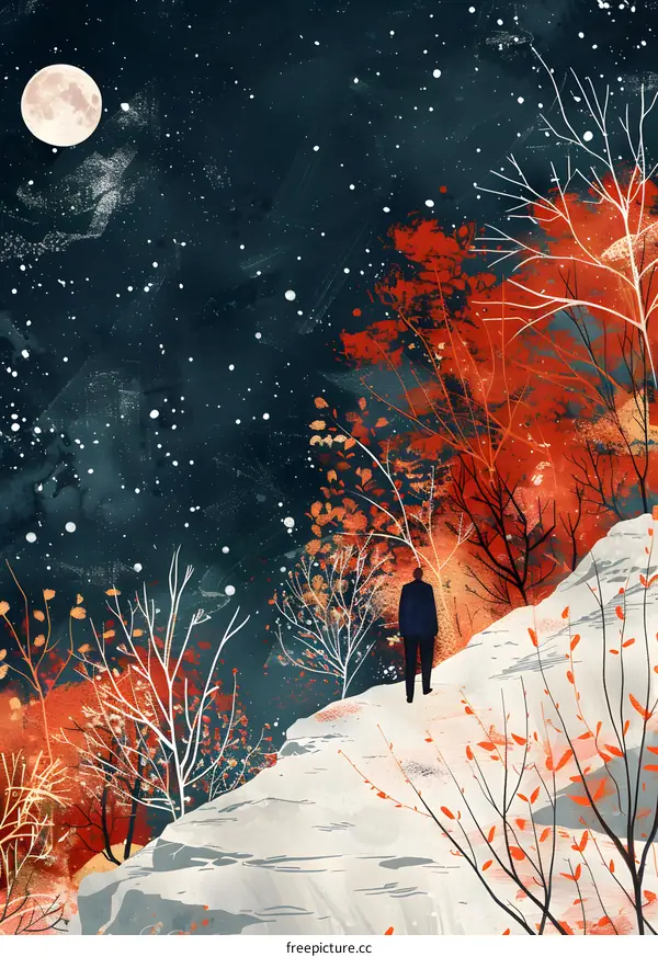 man in winter forest looking at the moon