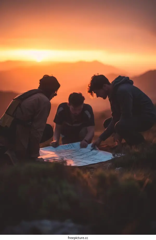 Three hikers looking at a map at sunset