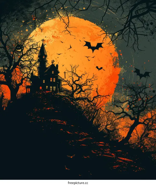 Haunted House on Hill at Night with Orange Moon