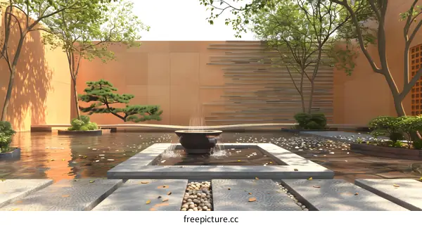 Minimalist Japanese Garden Design with a Stone Fountain and Pond