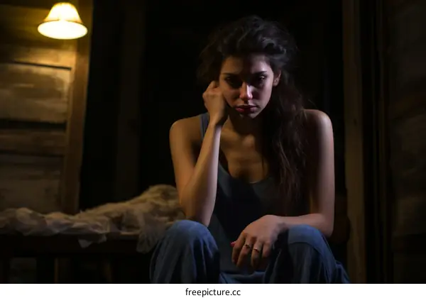 A young woman sits on the floor in a dark room.