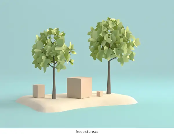 Two trees and three cubes on the sand