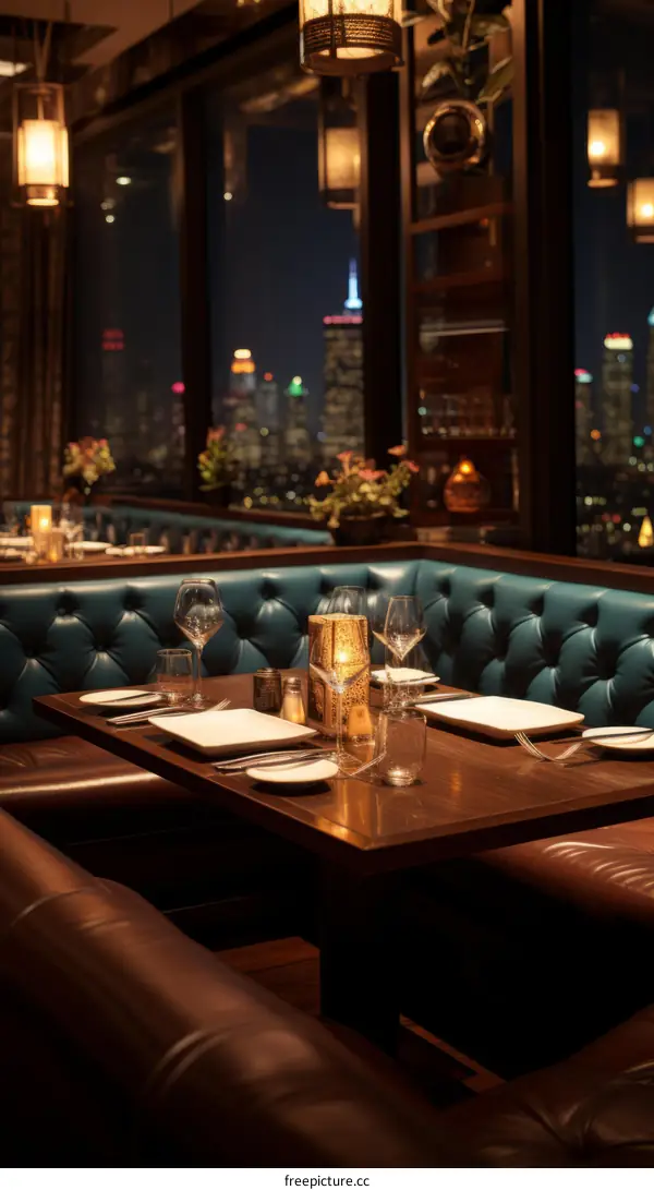 Modern Upscale Restaurant Booth with City Night View