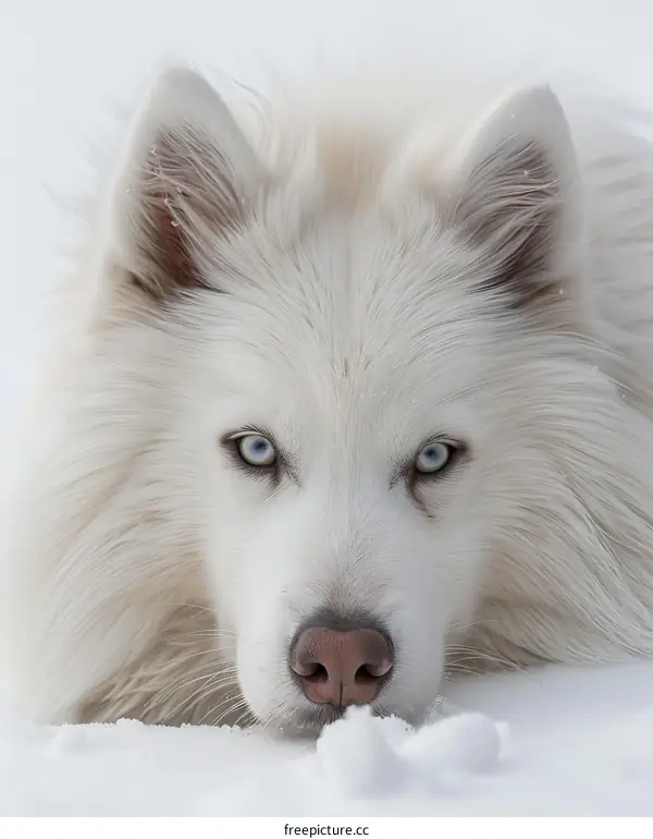 A white dog with blue eyes is lying in the snow