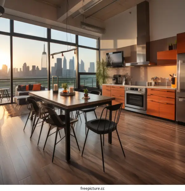 Modern apartment interior with city view