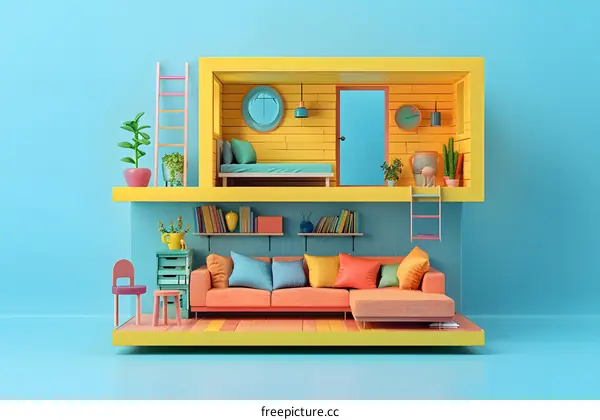 A colorful and cozy living room with a loft bed