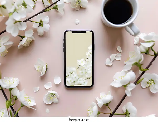 White Flowers Surrounding Smartphone and Coffee Cup
