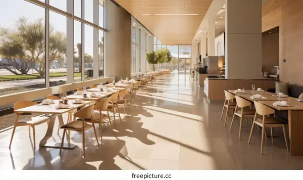 Modern Cafeteria Interior with Large Windows and Long Tables