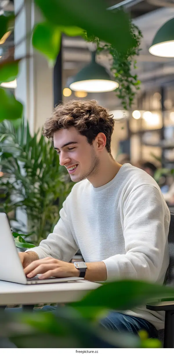 Young Man Working On Laptop In Modern Office Setting