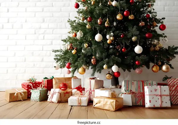 Christmas Tree with Presents on Wooden Floor