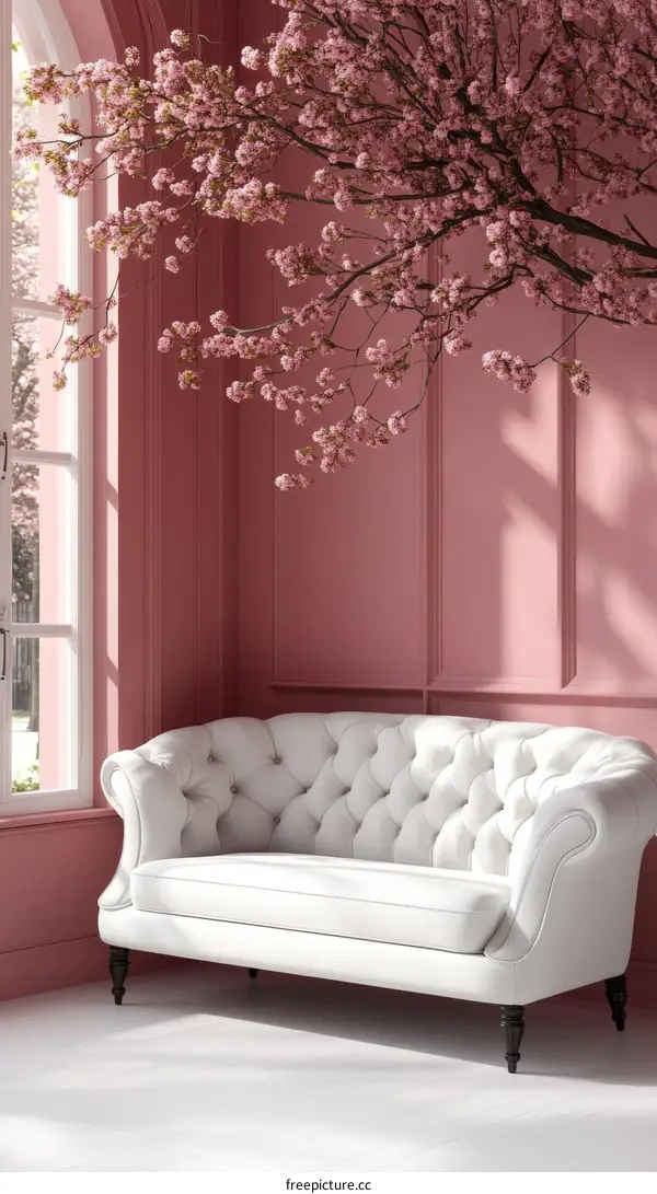 Romantic Pink Room with White Sofa and Cherry Blossoms