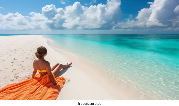 woman in orange bikini sunbathing on white sand beach with turquoise ocean water and blue sky with white clouds