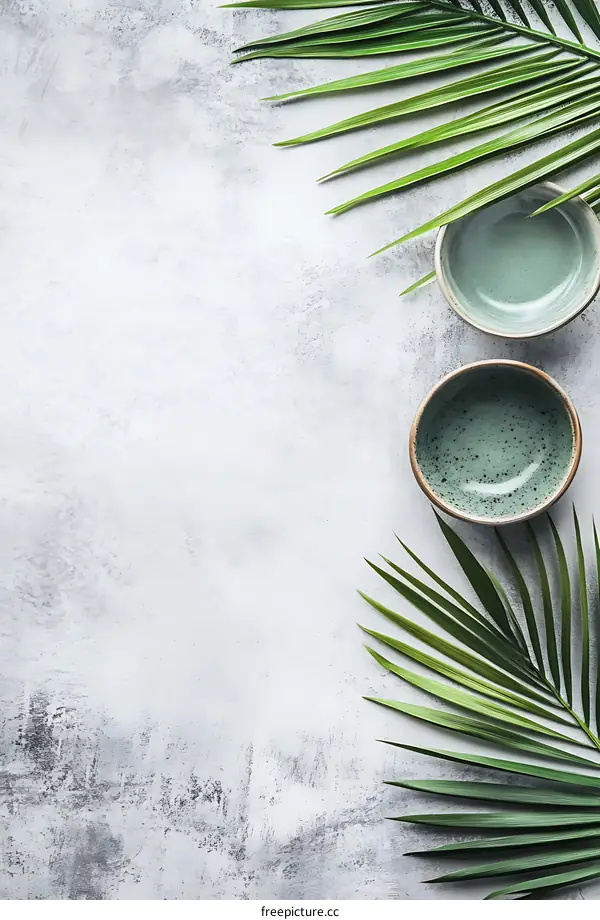 Green Palm Leaves and Ceramic Bowls on Grey Background