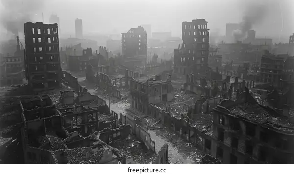 Ruins of buildings in a war-torn city