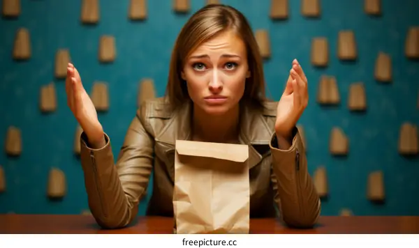 Young woman looking at her brown paper bag lunch with a worried expression on her face