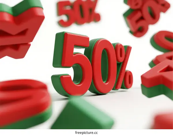 Flying Red and Green 50 Percent Discount Signs