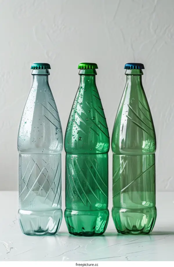 Three green plastic bottles of water on a white background