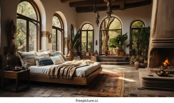 Elegant Bedroom with Fireplace and Garden View