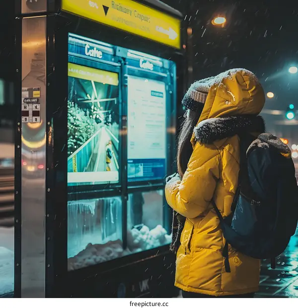 Woman in Yellow Jacket Waiting for Bus in Snow