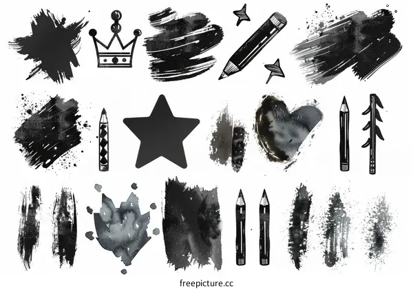 Black ink various shapes and paint brushes