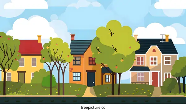 Suburban Houses With Green Trees And Blue Sky