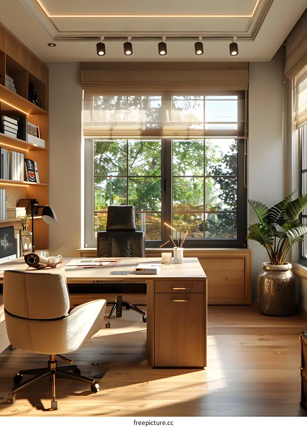 Home office interior design with large windows and wooden furniture