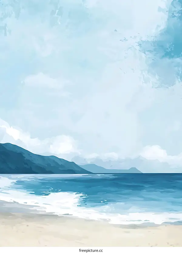 Blue Ocean and Mountain Beach Landscape Watercolor Painting