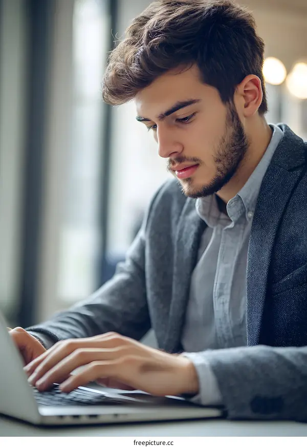 Young Man in a Suit Working on Laptop