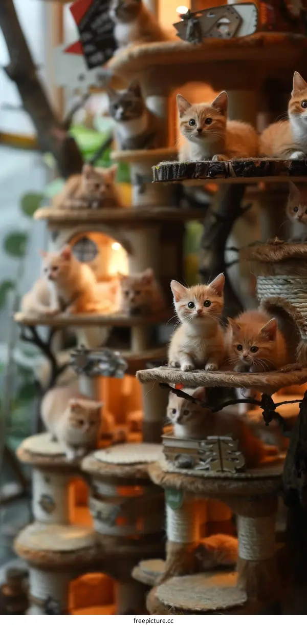 A group of kittens playing on a cat tree