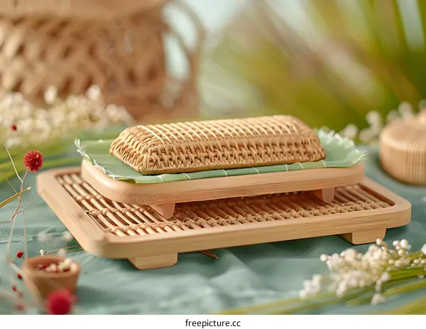 Woven Bamboo Tray with Natural Green Background
