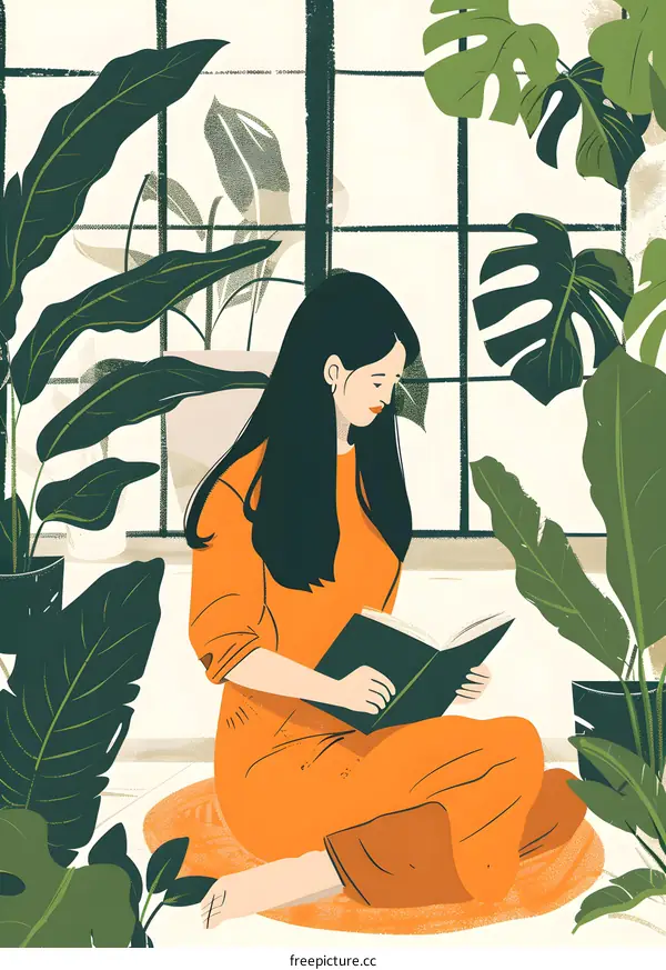 Woman Reading Book Surrounded by Plants by Window
