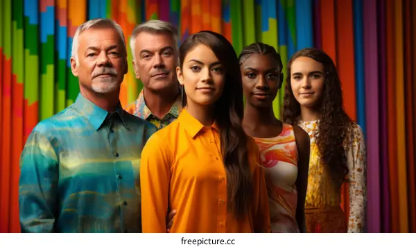 A group of diverse people standing together in front of a colorful background