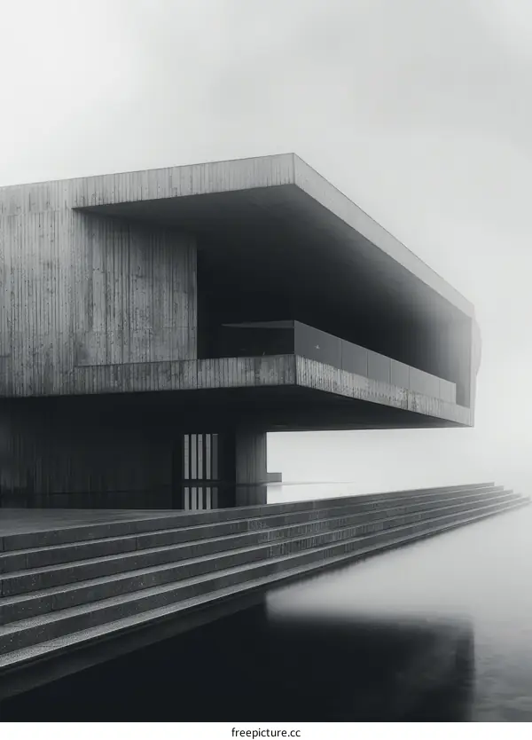 Modern Concrete Building with Terrace and Steps Leading to Water