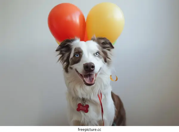 A Border Collie with three balloons on its head