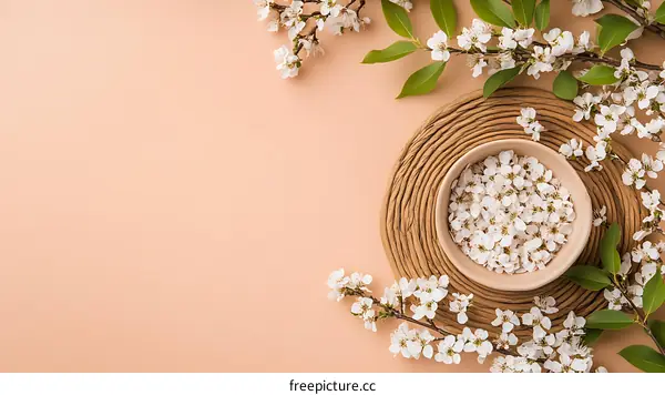 White Cherry Blossom Flower Petals in Bowl on Beige Background