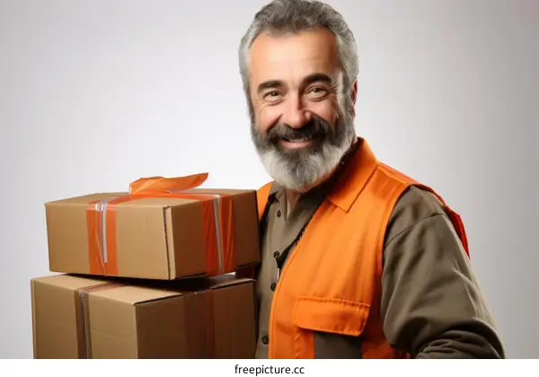 A delivery man with a beard is carrying a stack of cardboard boxes.