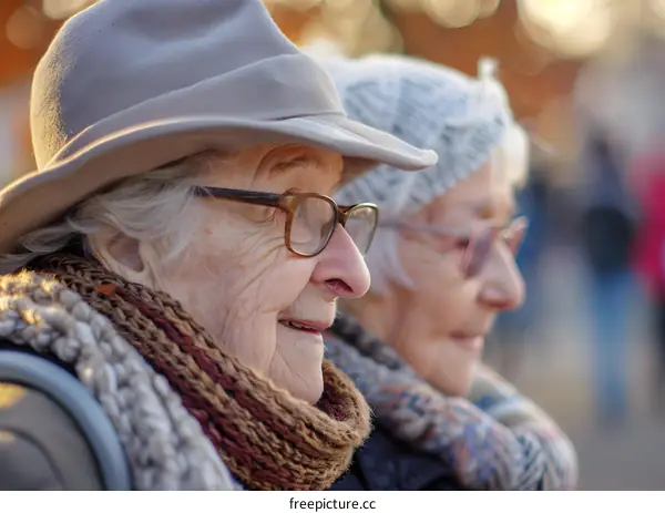 Two Elderly Women Wearing Hats and Scarves