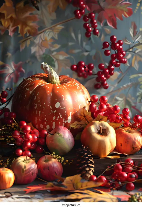 Still life with pumpkin and apples