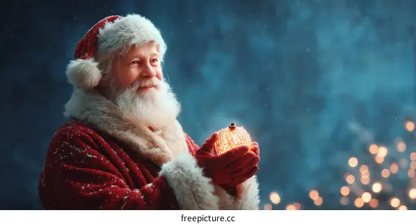 Santa Claus Holding Christmas Ornament in Festive Setting