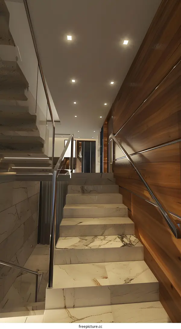 Modern Staircase Interior Design with Marble and Wood