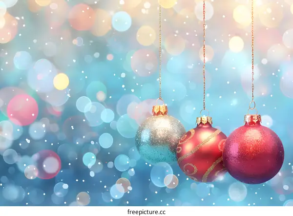 Christmas ornaments hanging in front of a blue background with white bokeh lights.
