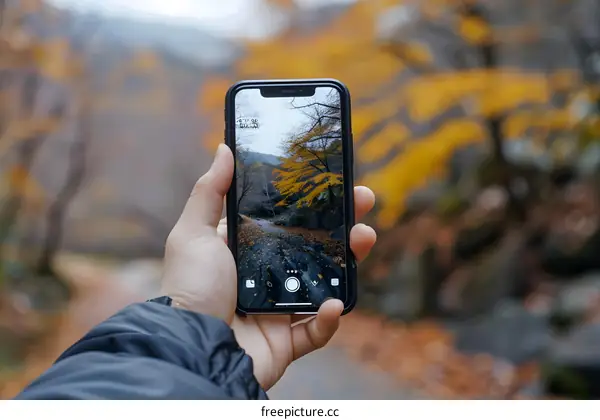 Hand Holding a Smartphone with a Photo of a Landscape with Autumn Foliage