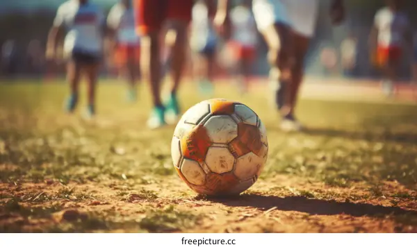 Close up of a soccer ball on the field with blurred kids playing in the background